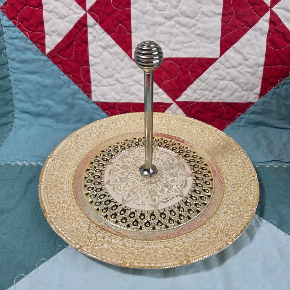 Vintage Tidbit Tray Gold Tone Metal 8 Inch Embossed Mandala Tiered Server